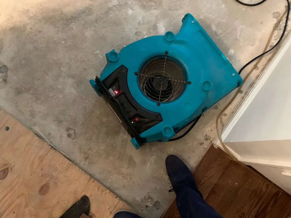 Air mover drying subfloor during Leak Detection & Repair in Oak Brook
